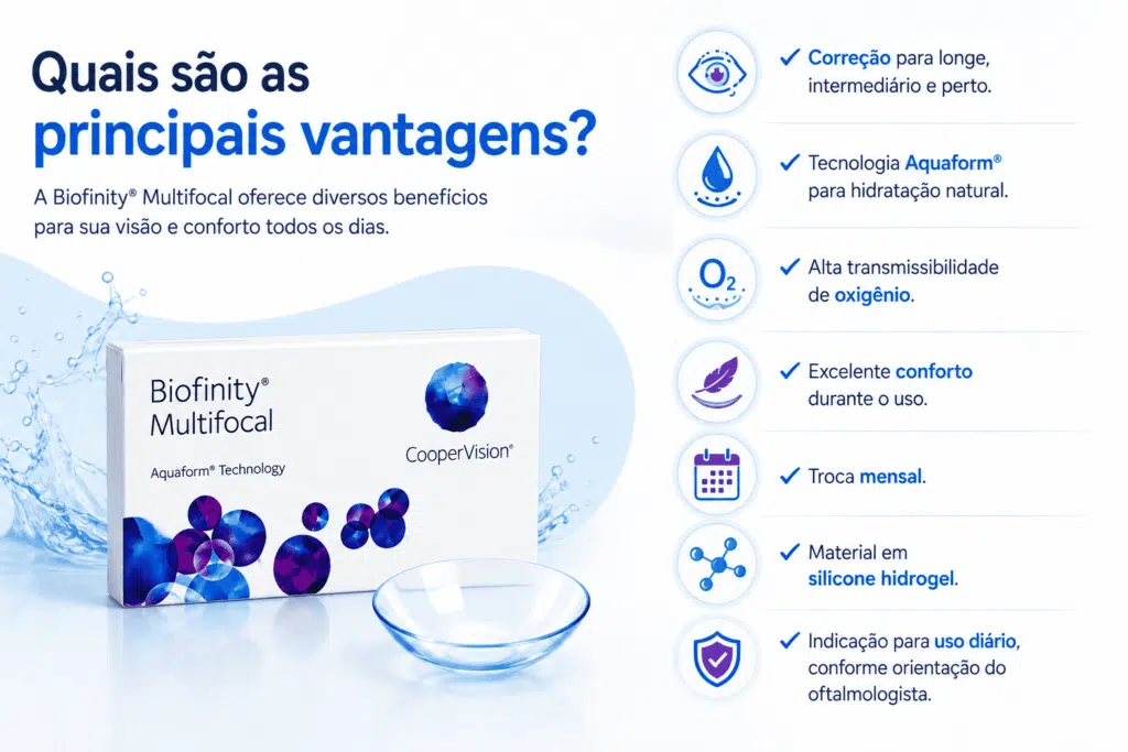 Biofinity® Multifocal: conforto, visão em todas as distâncias e tecnologia Aquaform® 8 Quais sao as principais vantagens